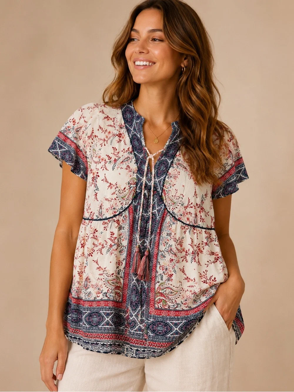 Knox Rose XL Boho Paisley Floral Tunic Blouse Red Navy Peasant Top Tassel Tie